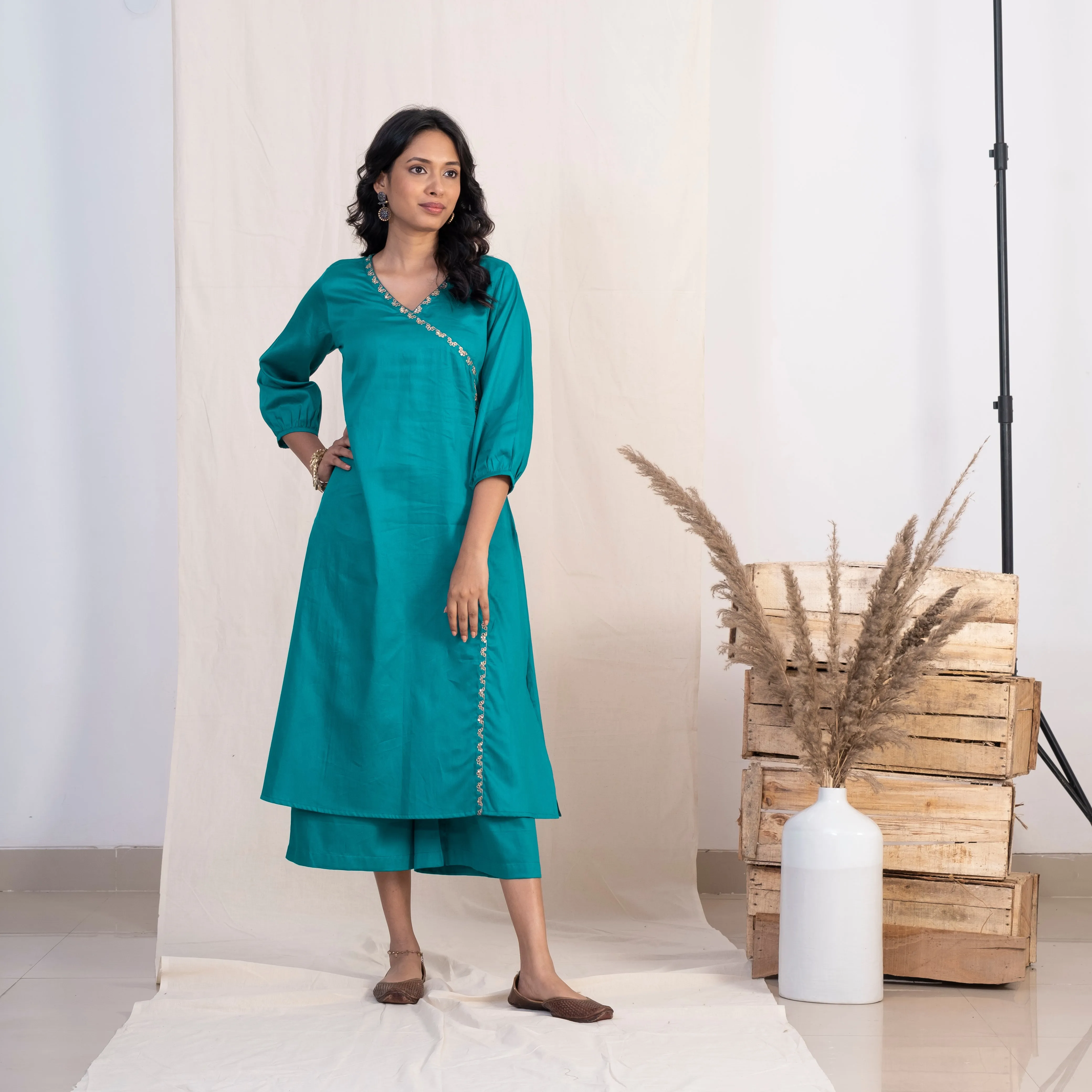 Akiso Blue Angrakha Embroidery Kurta With Palazzo And Green Dupatta (Set of 3)