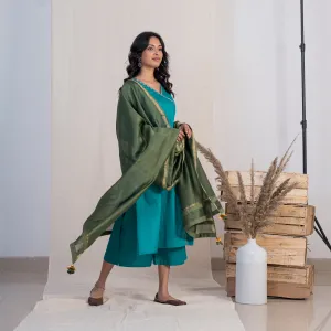 Akiso Blue Angrakha Embroidery Kurta With Palazzo And Green Dupatta (Set of 3)