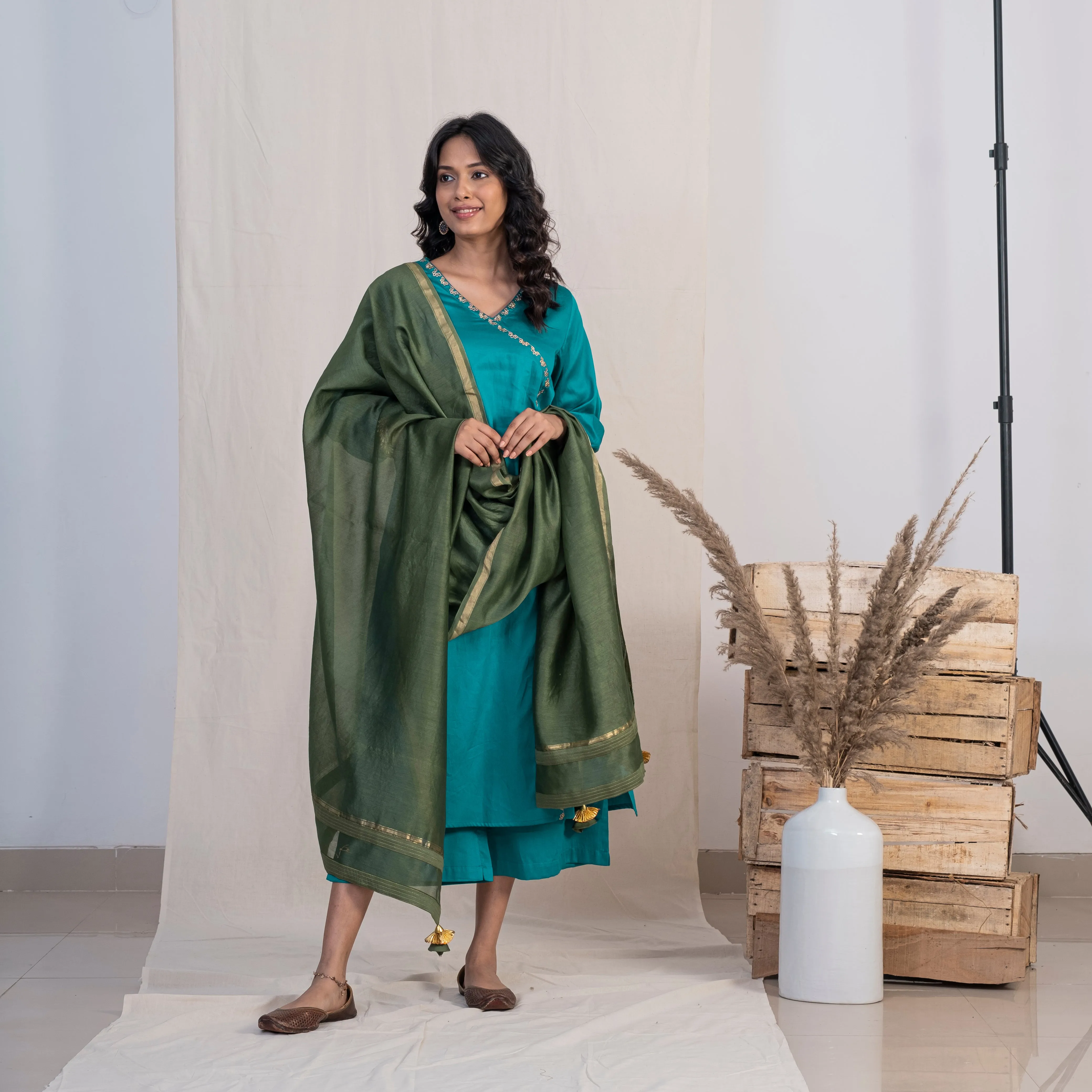 Akiso Blue Angrakha Embroidery Kurta With Palazzo And Green Dupatta (Set of 3)