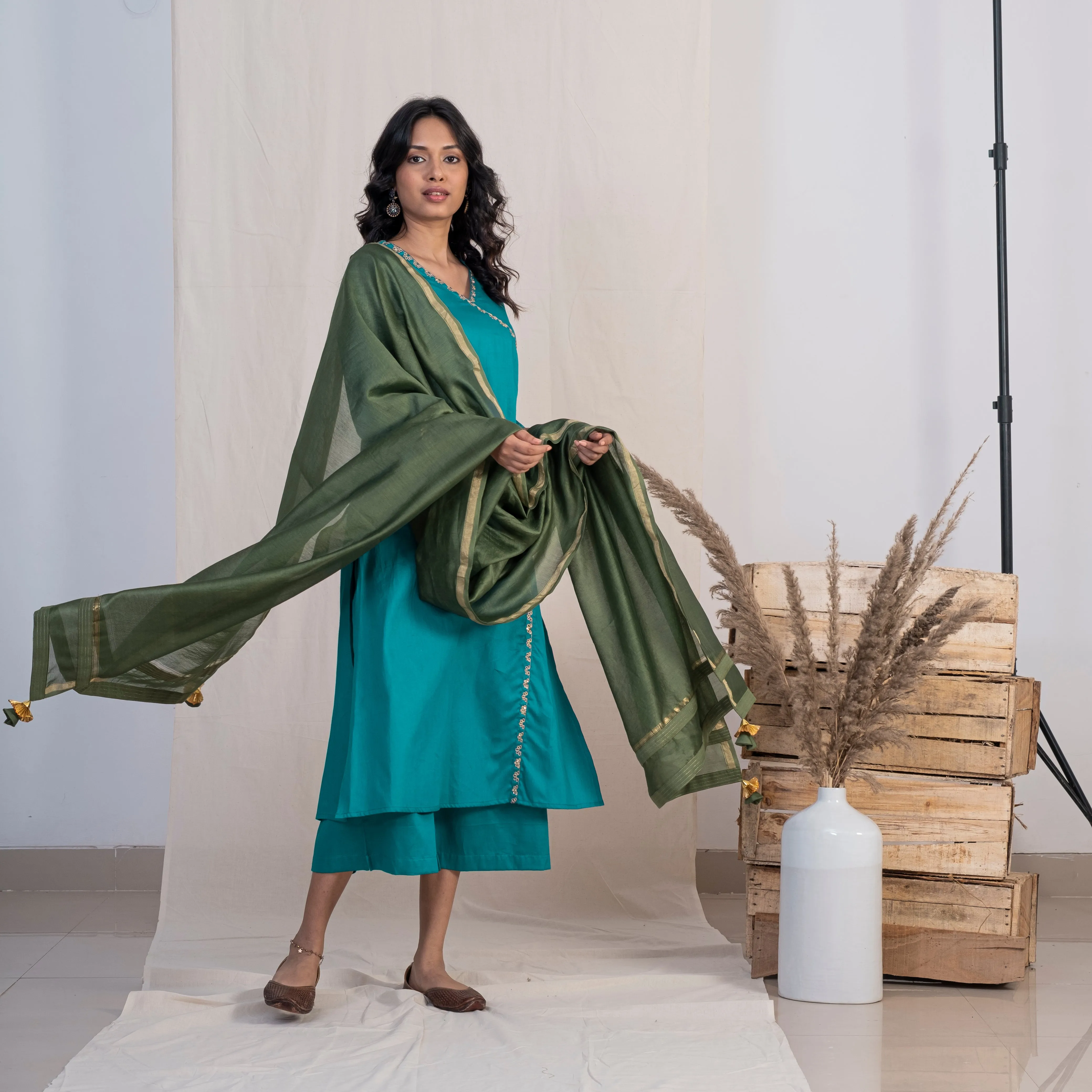 Akiso Blue Angrakha Embroidery Kurta With Palazzo And Green Dupatta (Set of 3)