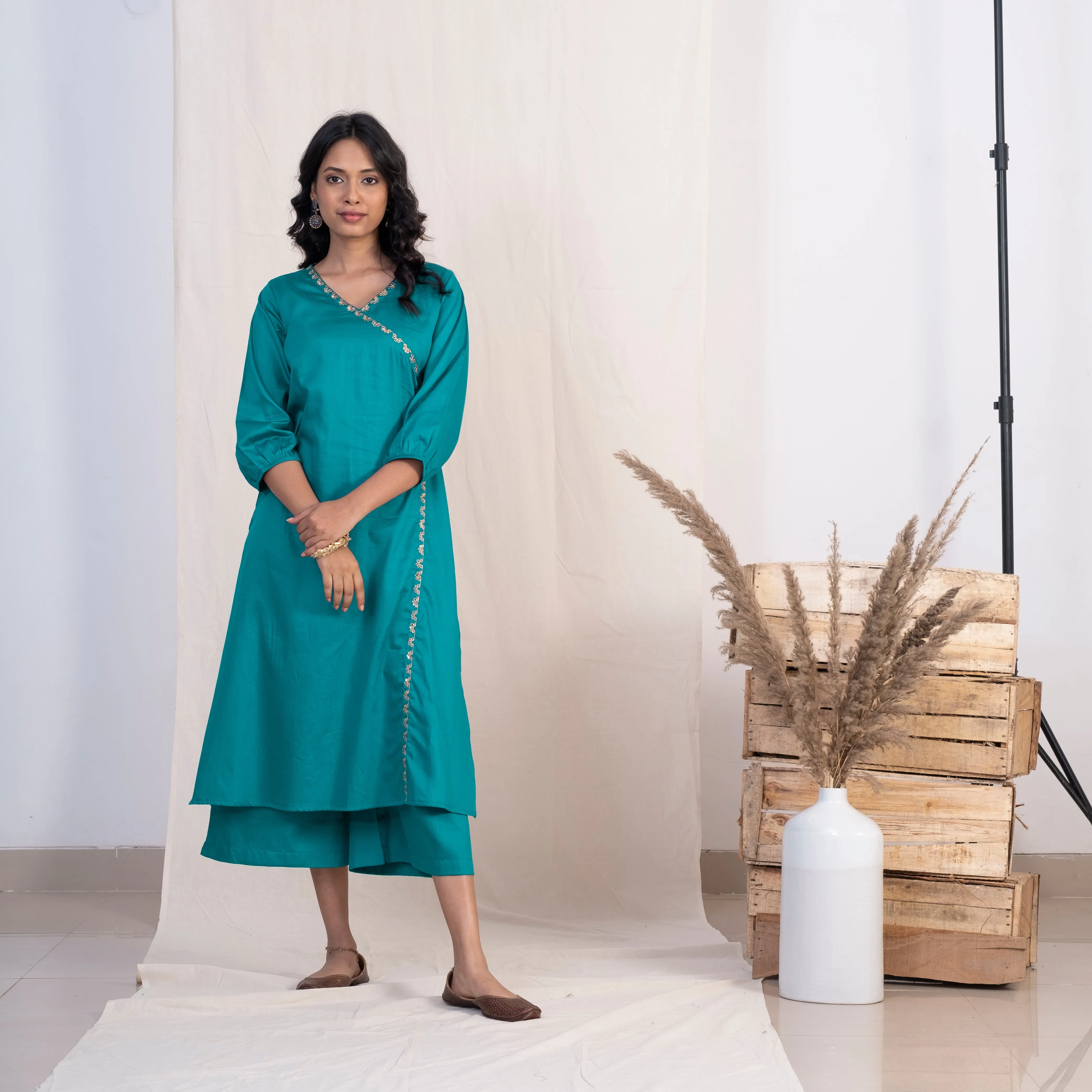 Akiso Blue Angrakha Embroidery Kurta With Palazzo And Green Dupatta (Set of 3)