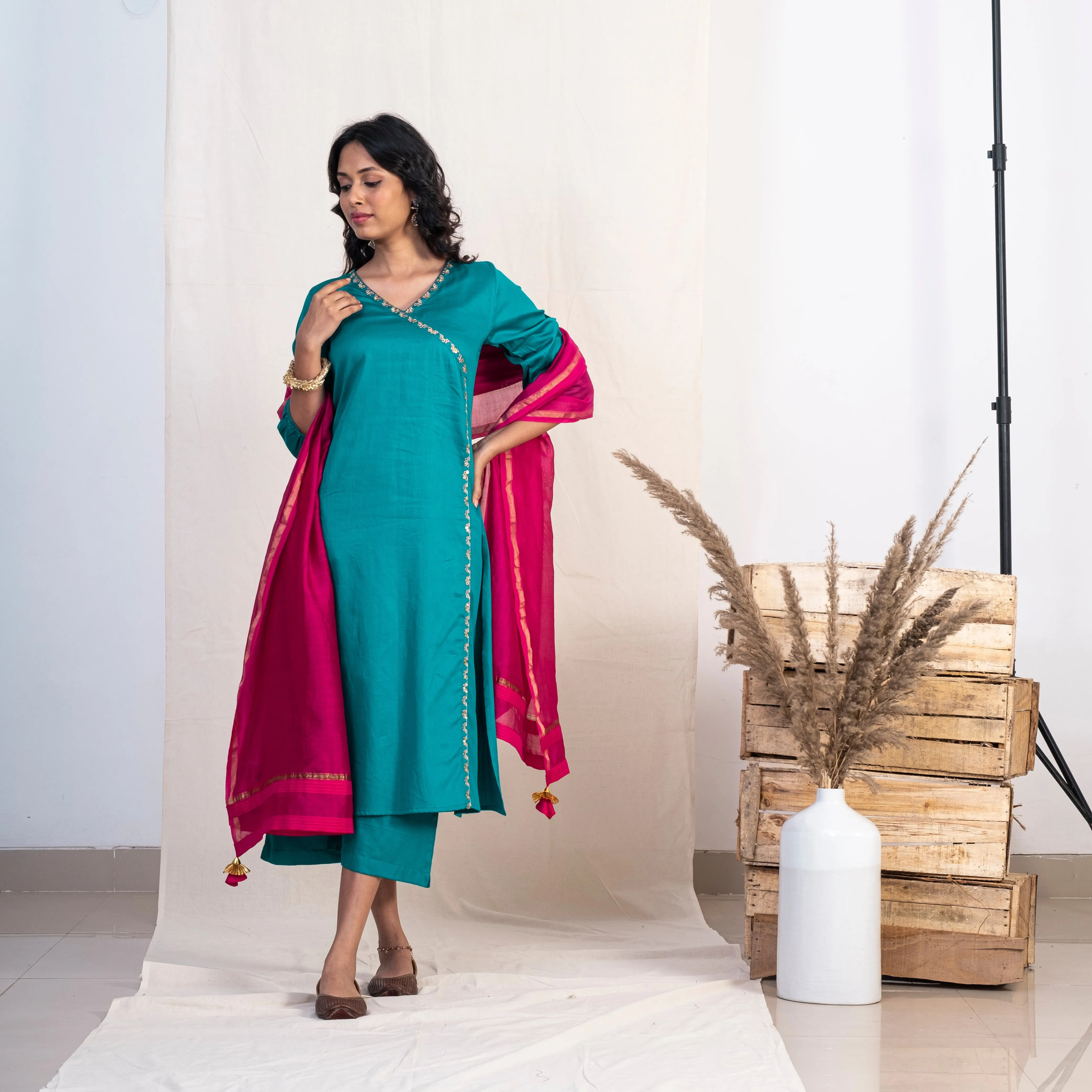 Akiso Blue Angrakha Embroidery Kurta With Palazzo And Pink Dupatta (Set of 3)