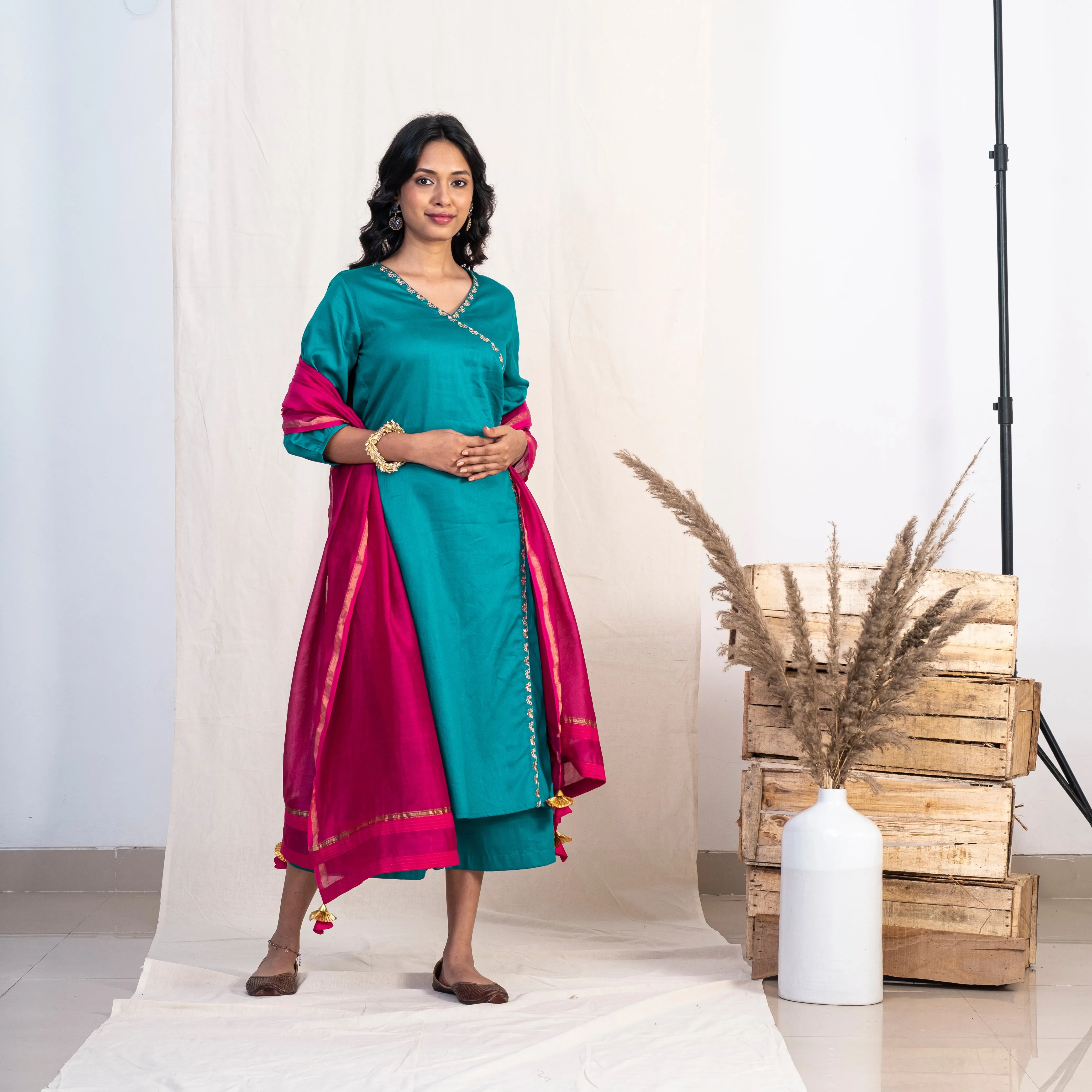 Akiso Blue Angrakha Embroidery Kurta With Palazzo And Pink Dupatta (Set of 3)