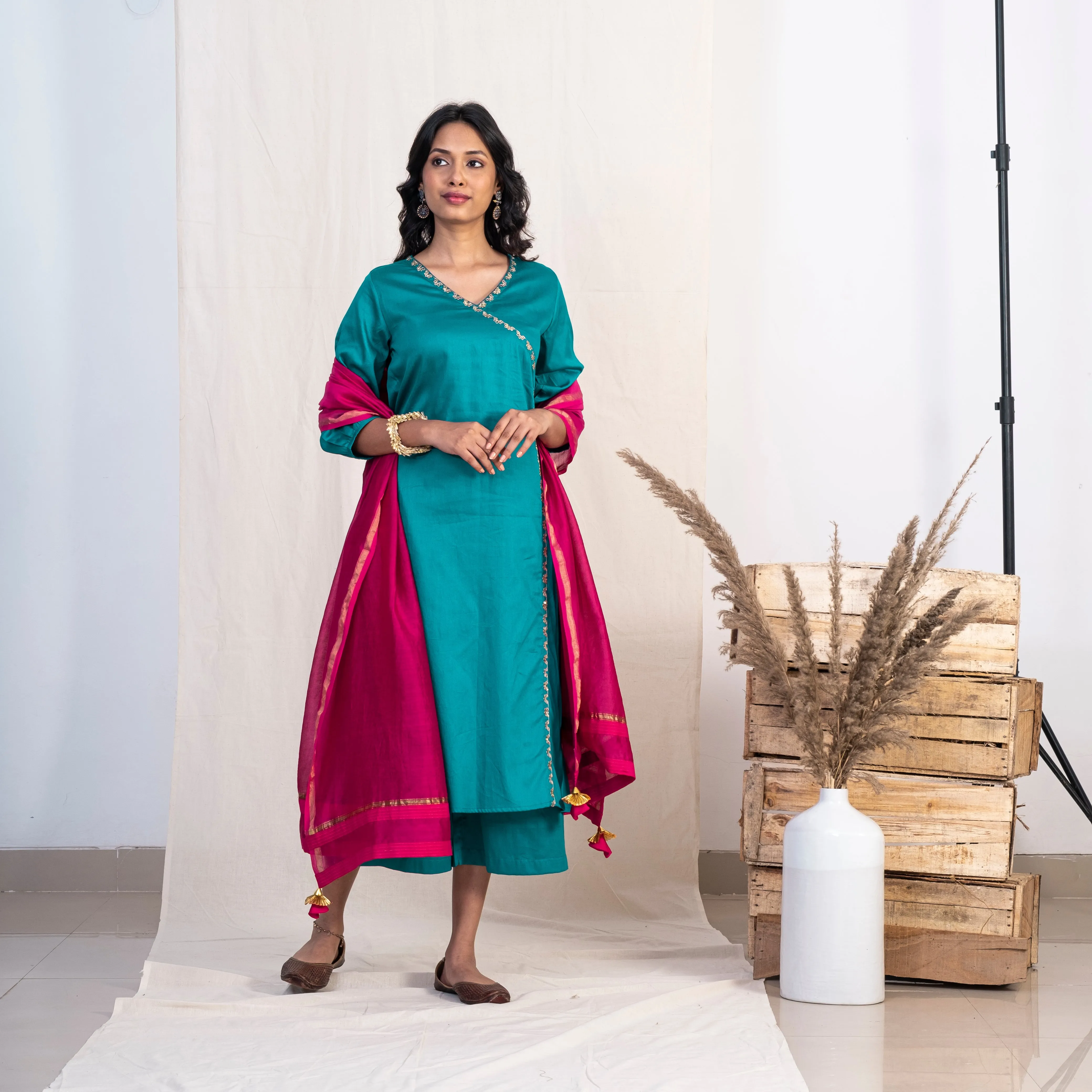 Akiso Blue Angrakha Embroidery Kurta With Palazzo And Pink Dupatta (Set of 3)
