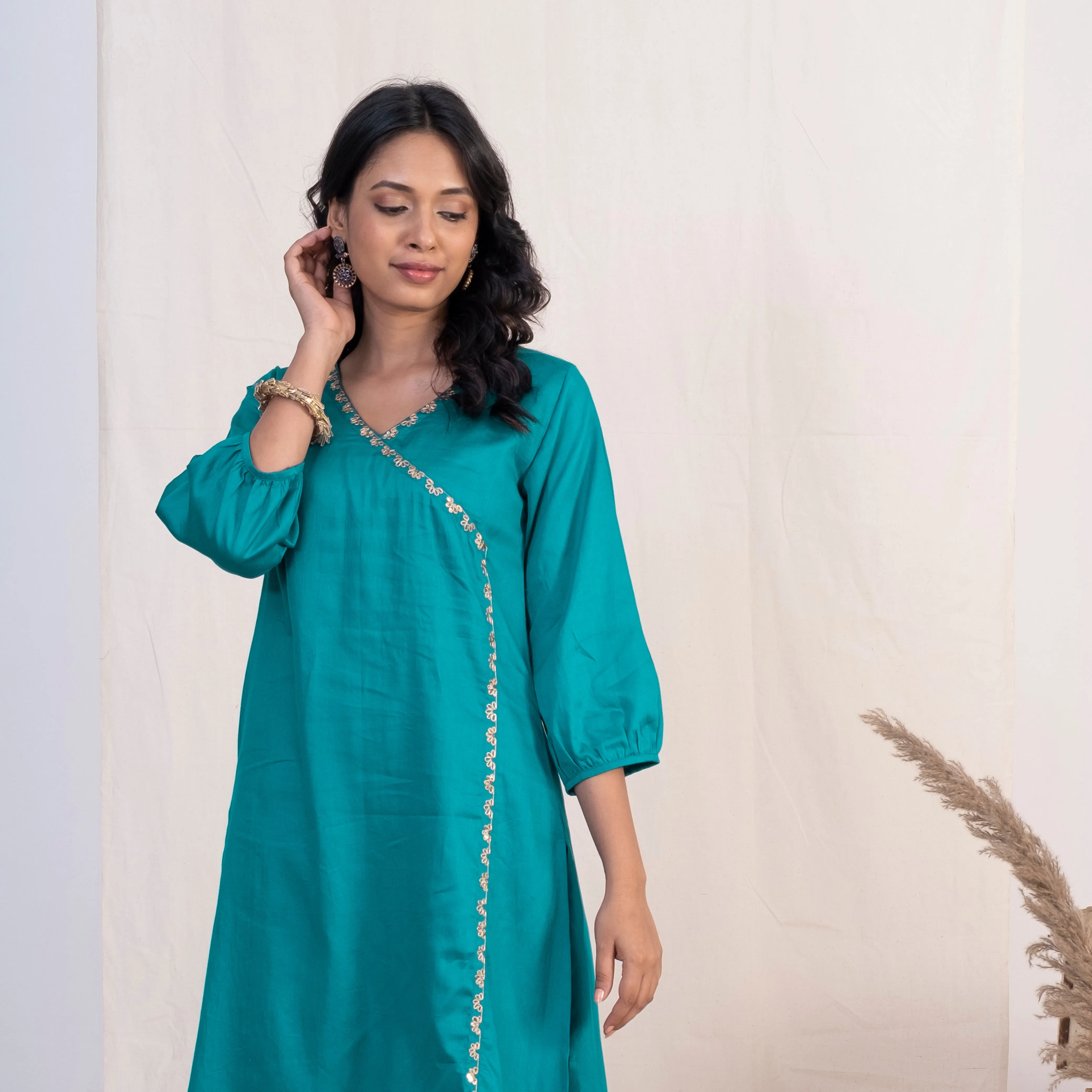 Akiso Blue Angrakha Embroidery Kurta With Palazzo (Set of 2)