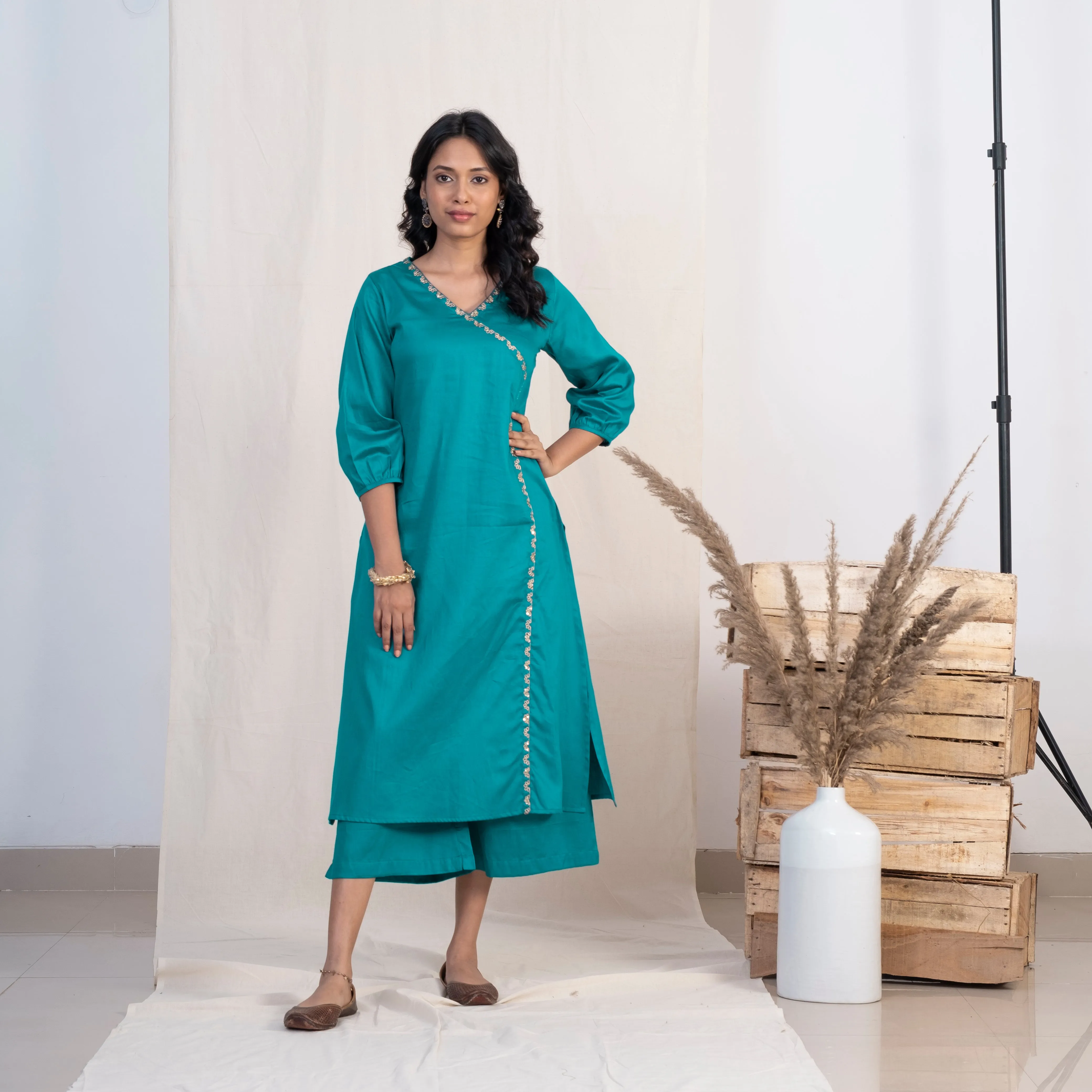 Akiso Blue Angrakha Embroidery Kurta With Palazzo (Set of 2)