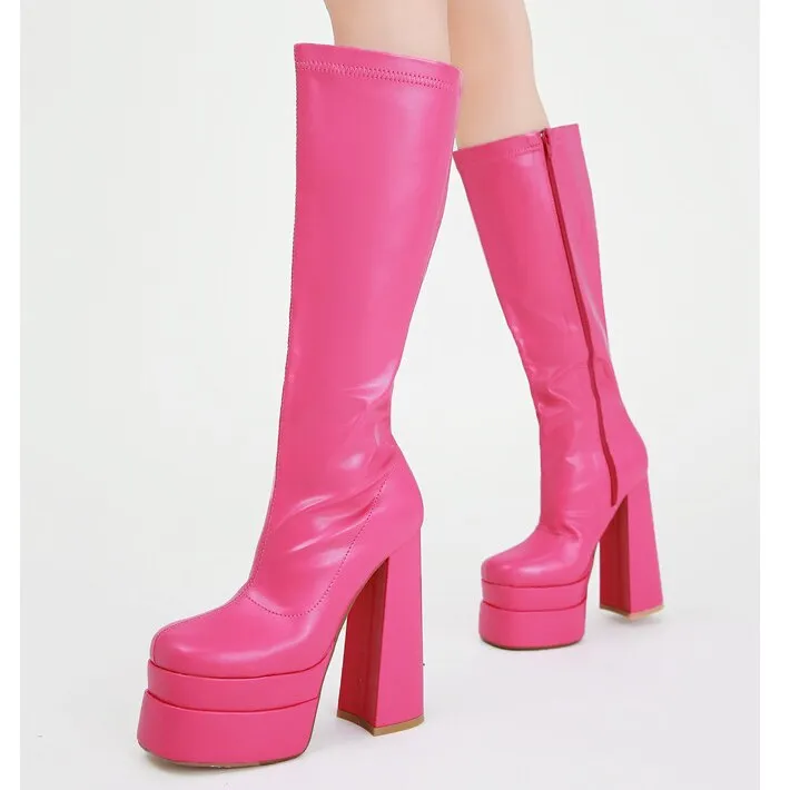 Black Thick Heels Elastic Micro Knee High Boots For Women Punk Style Autumn Winter Chunky Platform High Boots Party Shoes Ladies