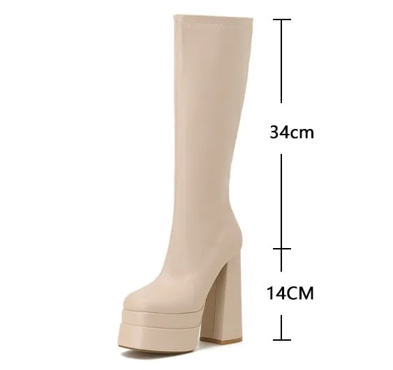 Black Thick Heels Elastic Micro Knee High Boots For Women Punk Style Autumn Winter Chunky Platform High Boots Party Shoes Ladies
