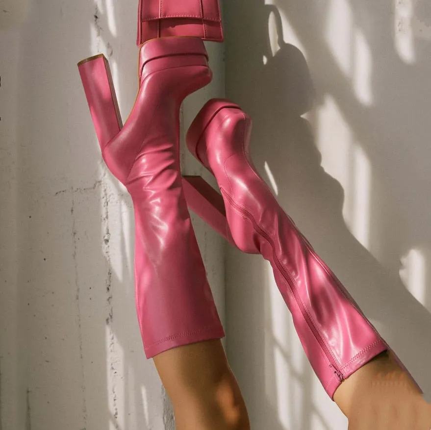 Black Thick Heels Elastic Micro Knee High Boots For Women Punk Style Autumn Winter Chunky Platform High Boots Party Shoes Ladies