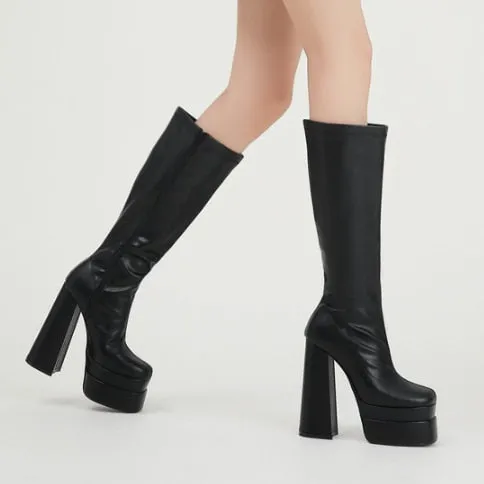 Black Thick Heels Elastic Micro Knee High Boots For Women Punk Style Autumn Winter Chunky Platform High Boots Party Shoes Ladies