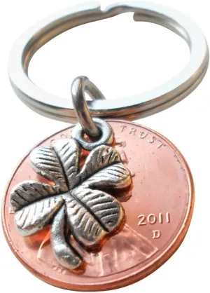 Clover Charm Layered Over 2011 Penny Keychain, 14 Year Anniversary, Couples Keychain