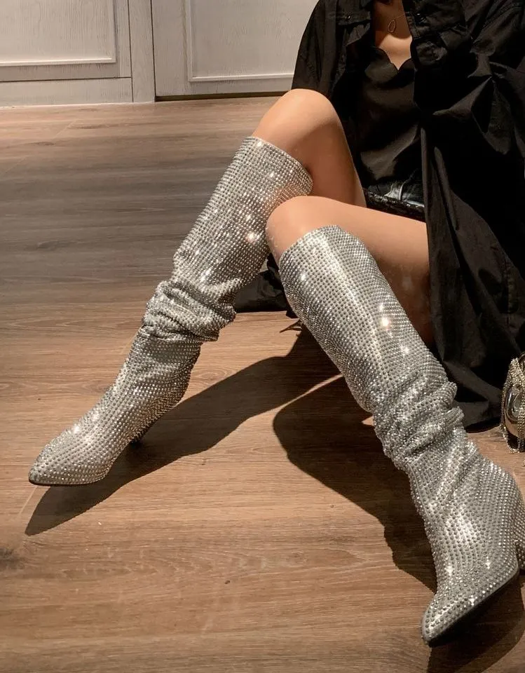 Cowboy Boots Sexy Shoes High Boots Diamond High Heeled Stacked Boots