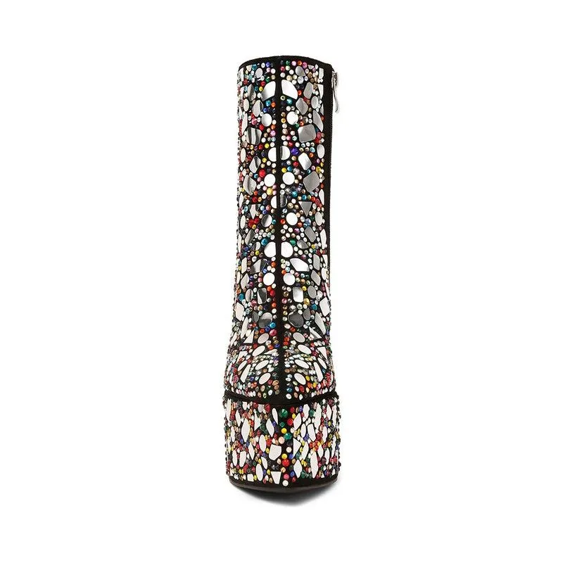 Fancy Mirror Embellished Platform High Heel Boots