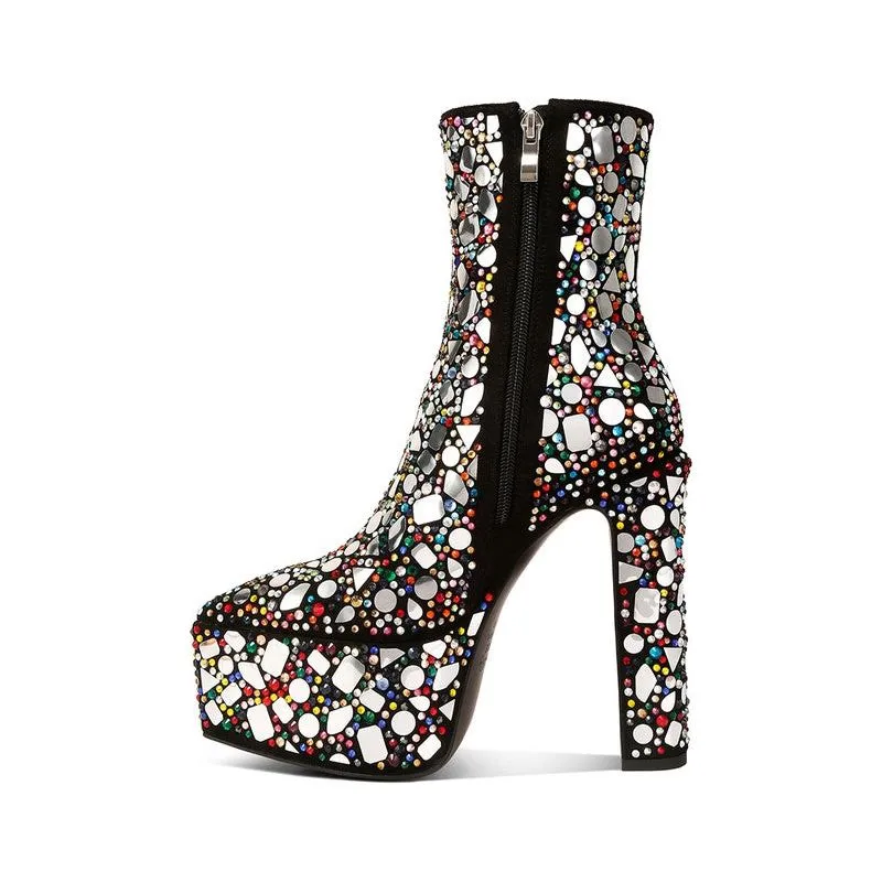 Fancy Mirror Embellished Platform High Heel Boots