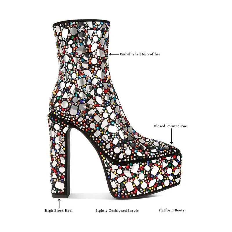 Fancy Mirror Embellished Platform High Heel Boots