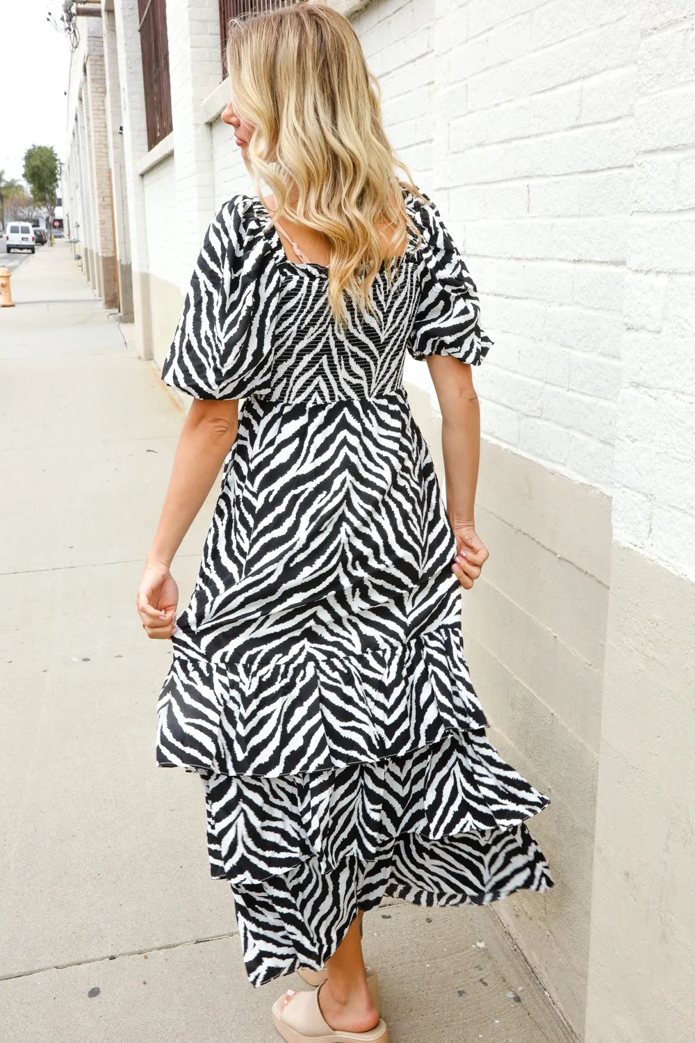 Look My Way Black/White Abstract Print Smocked Neck Maxi Dress