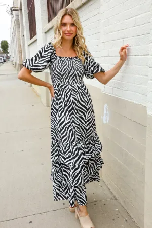 Look My Way Black/White Abstract Print Smocked Neck Maxi Dress