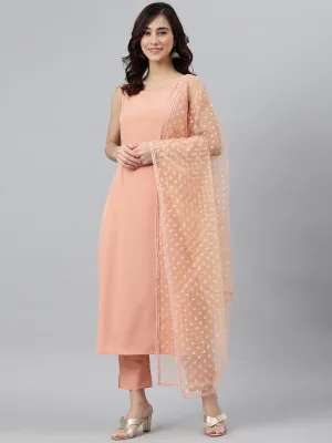 Peach Poly Crepe Kurta With Pant And Dupatta