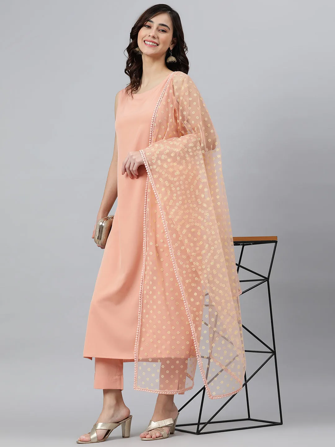 Peach Poly Crepe Kurta With Pant And Dupatta