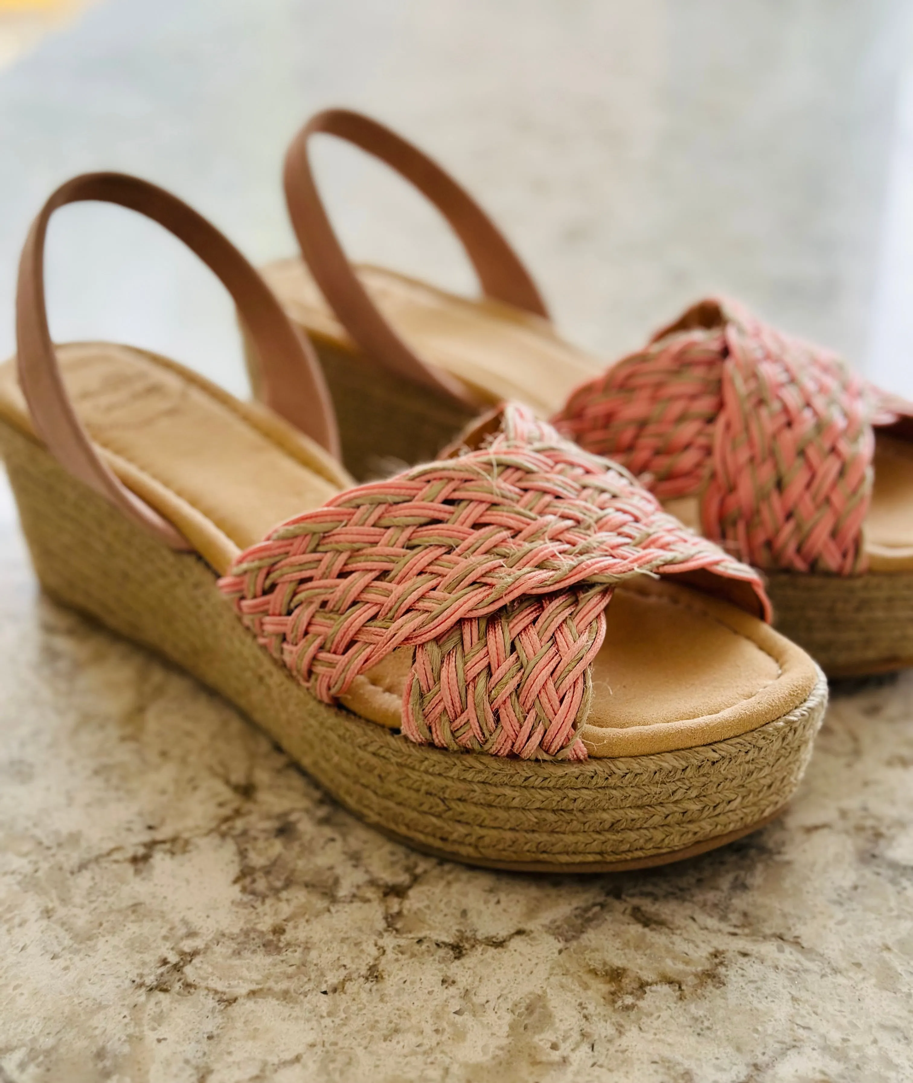 Raphaella pink woven strap wedge