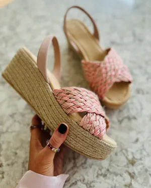 Raphaella pink woven strap wedge