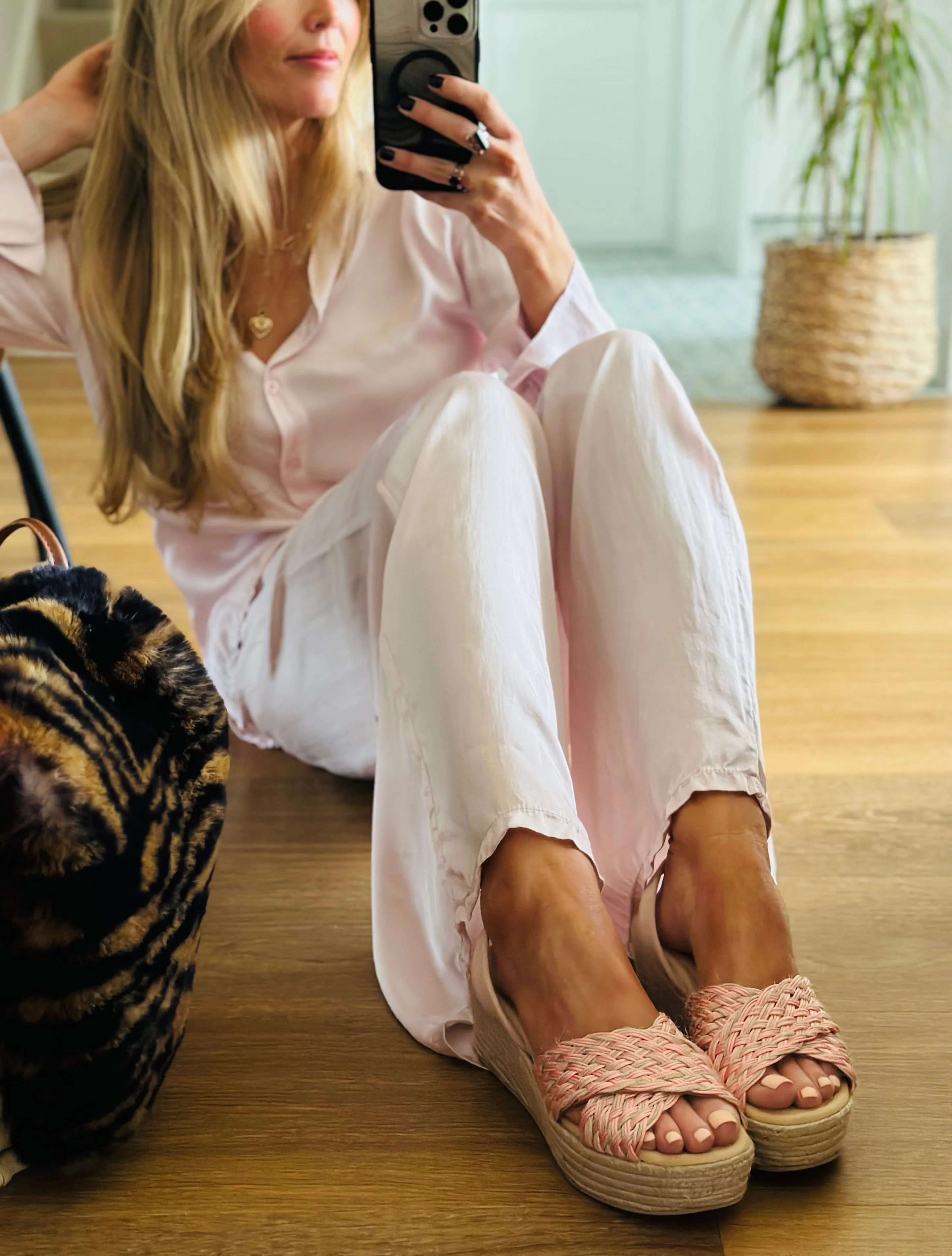 Raphaella pink woven strap wedge