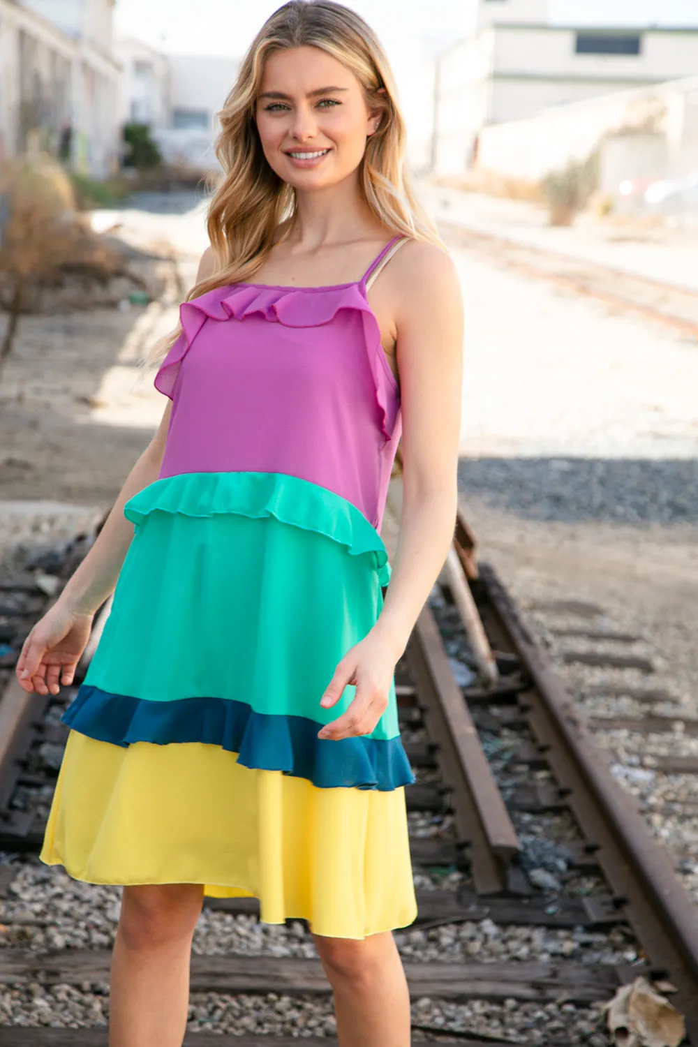 Splash Zones Ruffle Trim Color Block Dress