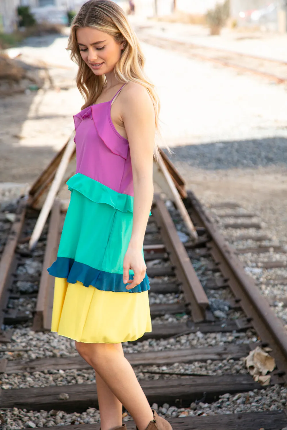 Splash Zones Ruffle Trim Color Block Dress