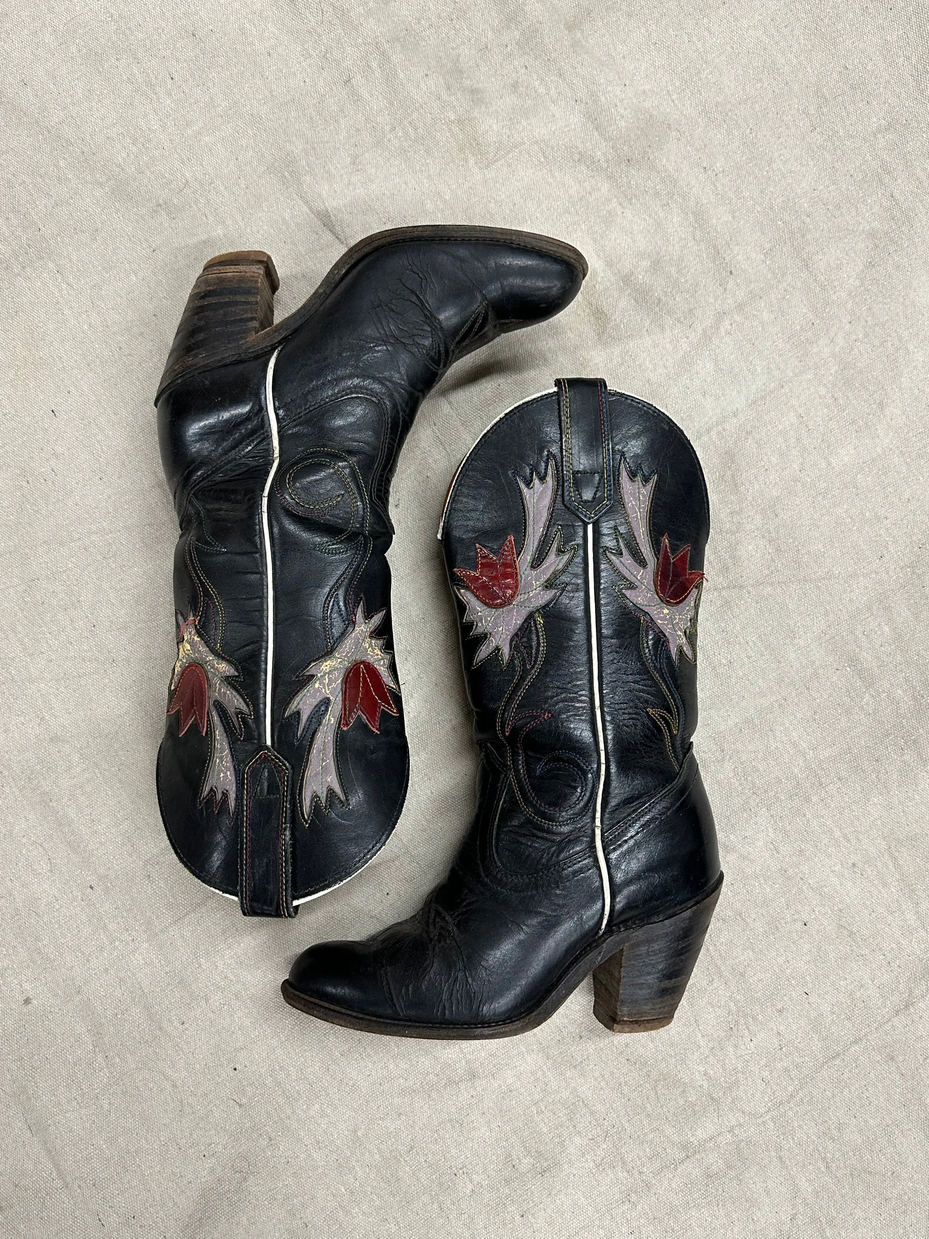 Vintage Black Tulip Cowboy Boots