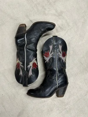 Vintage Black Tulip Cowboy Boots
