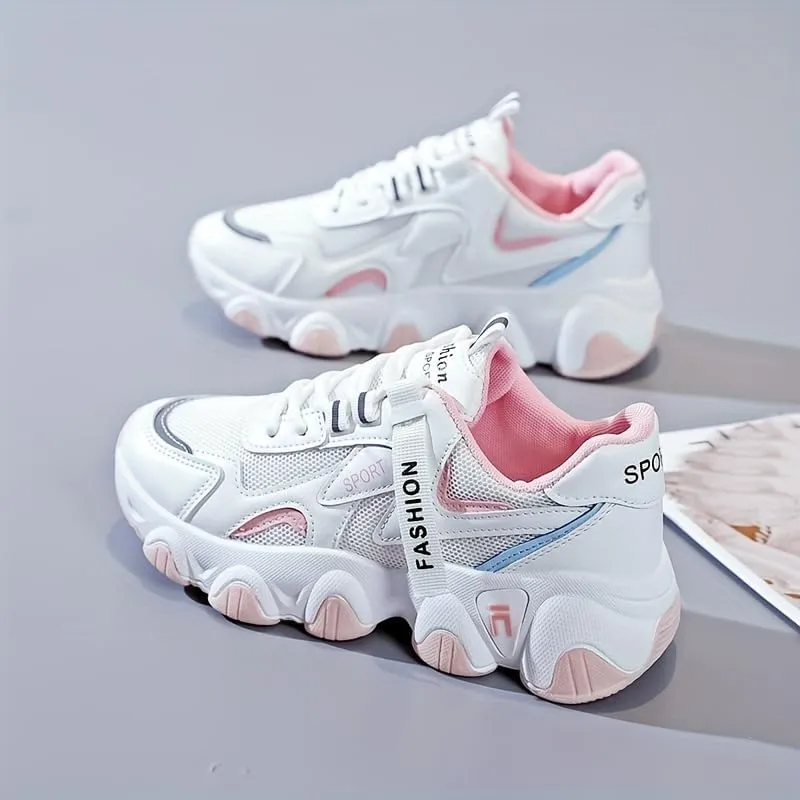 Women's Colorblock Lace-Up Sneakers, Non-Slip Low Top Shoes Casual Breathable Walking Sporty Shoes with Thick Soft Sole